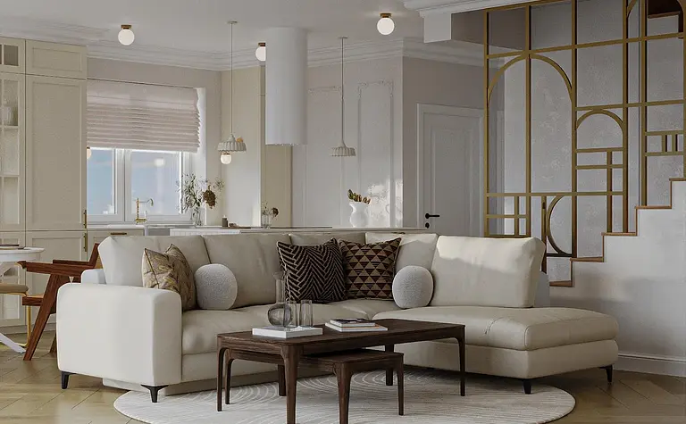 Wnętrze salonu w stylu art deco i eklektycznym z jasnymi meblami i drewnianymi akcentami.