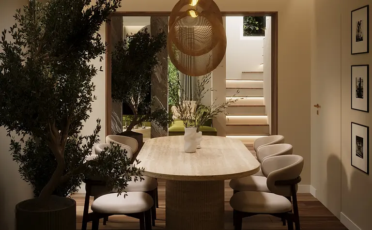 Jadalnia w stylu boho i eklektycznym z drewnianym stołem.