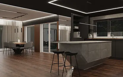 Wnętrze kuchni w stylu industrialnym i minimalistycznym z betonowym blatem i drewnianą podłogą.