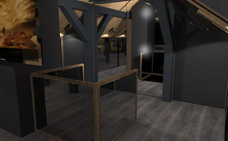 Wnętrze poddasza z drewnianymi detalami, industrialnym stylem i minimaluxe.