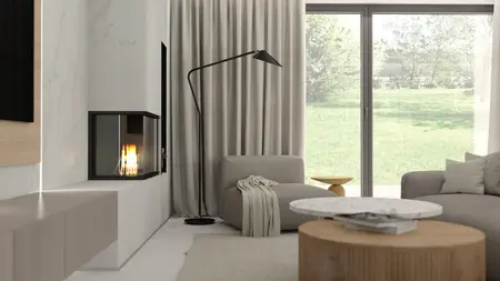 Wnętrze nowoczesnego salonu z kominkiem, dużymi oknami i eleganckimi meblami