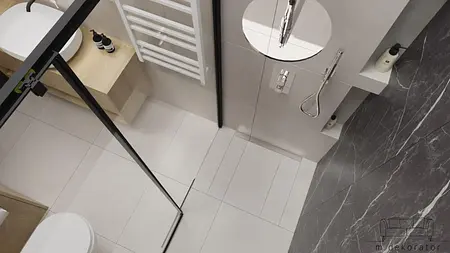 Nowoczesna łazienka z minimalistycznym designem, białą umywalką i czarnymi akcentami.