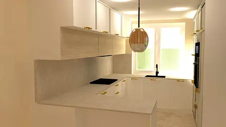 Nowoczesna kuchnia minimalistyczna z białymi meblami i drewnianym blatem.