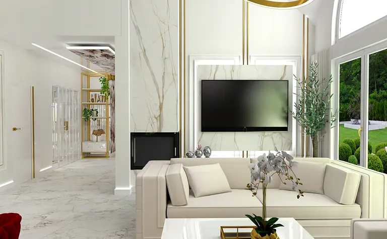 Wnętrze salonu glamour z białą sofą i złotymi akcentami.