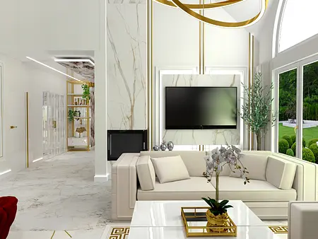 Wnętrze salonu glamour z białą sofą i złotymi akcentami.