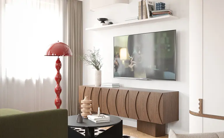 Wnętrze salonu w stylu art deco, eklektycznym i nowoczesnym z czerwonymi akcentami.
