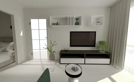 Współczesny salon z telewizorem, białą ścianą i rośliną.