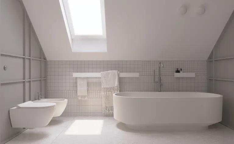 Nowoczesna łazienka z wanną, szarymi kafelkami i akcesoriami w stylu dopamine decor, eklektyczny oraz współczesny.