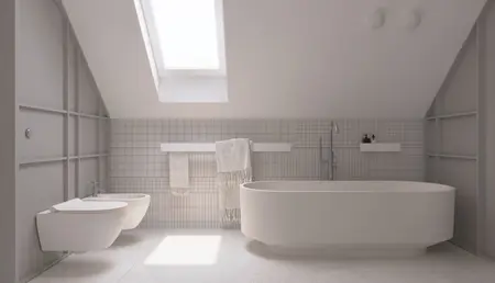 Nowoczesna łazienka z wanną, szarymi kafelkami i akcesoriami w stylu dopamine decor, eklektyczny oraz współczesny.
