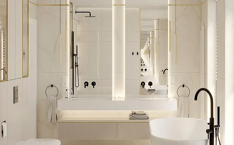 Wnętrze łazienki w stylu art deco, glamour i nowoczesnym z białymi elementami.