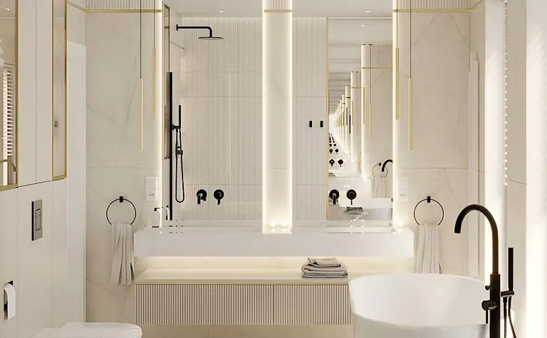 Wnętrze łazienki w stylu art deco, glamour i nowoczesnym z białymi elementami.