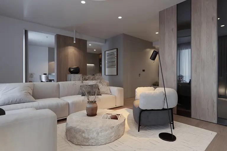 Wnętrze salonu w stylu eklektycznym z minimalistycznymi meblami i industrialnymi akcentami.