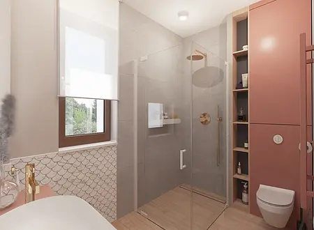 Wnętrze łazienki z szarymi płytkami, różowymi meblami, styl art deco, boho, nowoczesny.