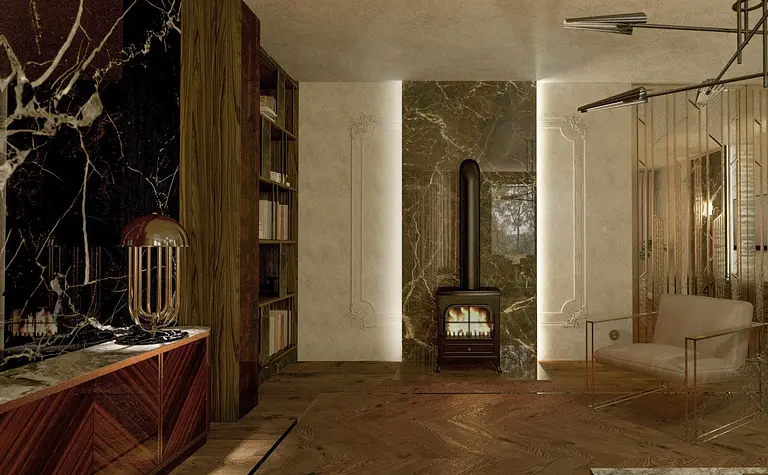 Wnętrze salonu w stylu art deco z kominkiem i drewnianą podłogą