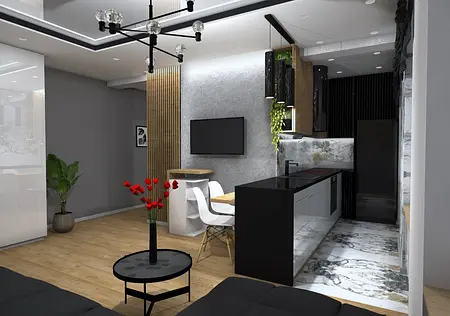 Wnętrze z aneksem kuchennym, drewniane akcenty, rośliny, styl industrialny, nowoczesny, skandynawski