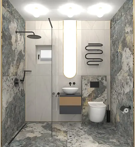 Nowoczesna łazienka w stylach dopamine decor, industrialny i minimalistyczny z kamiennymi akcentami.