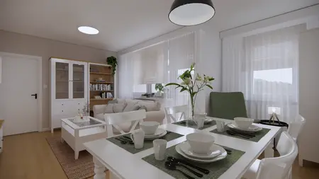 Wnętrze jadalni w stylu japandi, nowoczesnym i skandynawskim z białym stołem i roślinami.