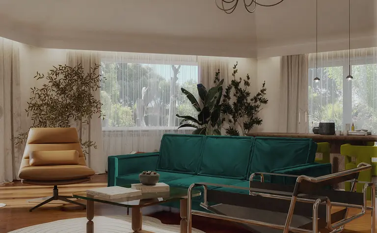 Wnętrze z zieloną sofą, drewnianym stołem i roślinami, styl art deco, quiet luxury, współczesny.