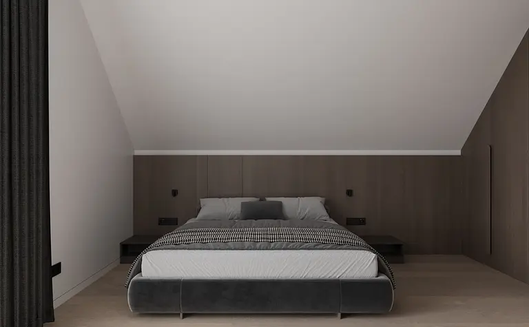 Wnętrze sypialni z szarym łóżkiem, minimalistycznym stylem.