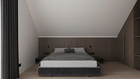 Wnętrze sypialni z szarym łóżkiem, minimalistycznym stylem.