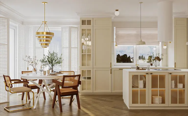 Wnętrze jadalni w stylu art deco i eklektycznym z białymi meblami.