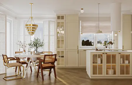 Wnętrze jadalni w stylu art deco i eklektycznym z białymi meblami.