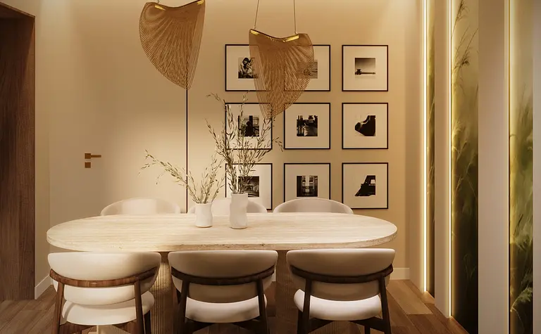 Jadalnia w stylu boho i eklektycznym z okrągłym stołem i wiszącymi lampami.