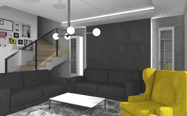 Wnętrze salonu w stylu industrialnym z czarnymi sofami, żółtym fotelem oraz nowoczesnym oświetleniem.