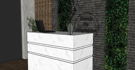 Recepcja z białym blatem, ciemną ścianą i zielonymi roślinami, minimalistyczny i nowoczesny design.