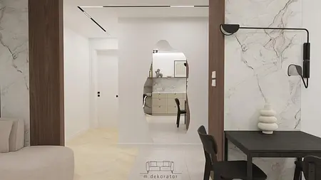 Wnętrze korytarza z minimalistycznym designem, jasne ściany i drewniane elementy.