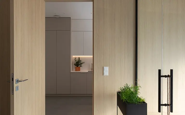 Minimalistyczny przedpokój w stylu japandi z drewnianymi meblami i roślinami.