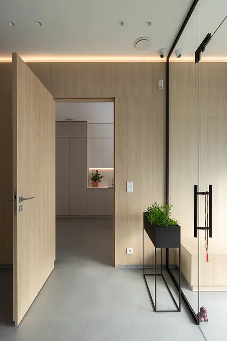Minimalistyczny przedpokój w stylu japandi z drewnianymi meblami i roślinami.