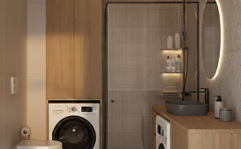 Wnętrze łazienki z drewnianymi meblami, prysznicem i minimalistycznym oświetleniem. Styl boho.