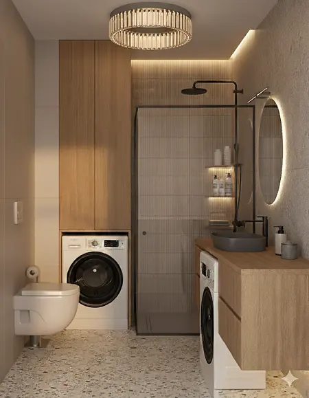 Wnętrze łazienki z drewnianymi meblami, prysznicem i minimalistycznym oświetleniem. Styl boho.
