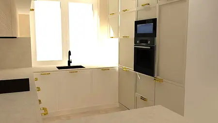 Kuchnia minimalistyczna z białymi meblami, czarnym blatem i dużymi oknami.