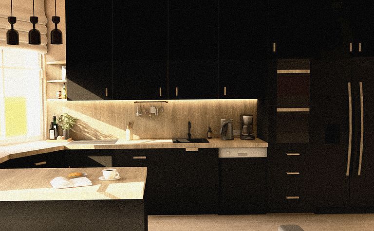 Kuchnia w stylu industrialnym i minimalistycznym z czarnymi meblami i drewnianym blatem.