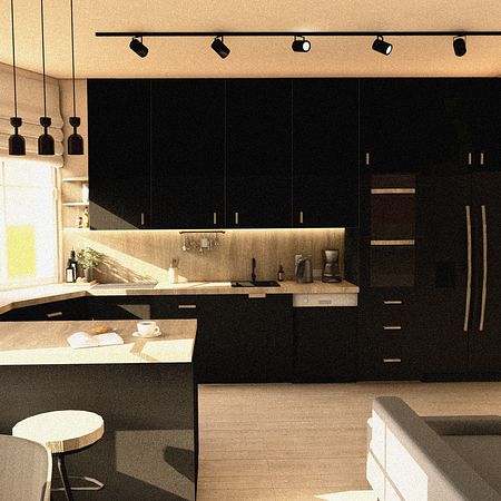 Kuchnia w stylu industrialnym i minimalistycznym z czarnymi meblami i drewnianym blatem.