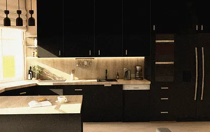 Kuchnia w stylu industrialnym i minimalistycznym z czarnymi meblami i drewnianym blatem.
