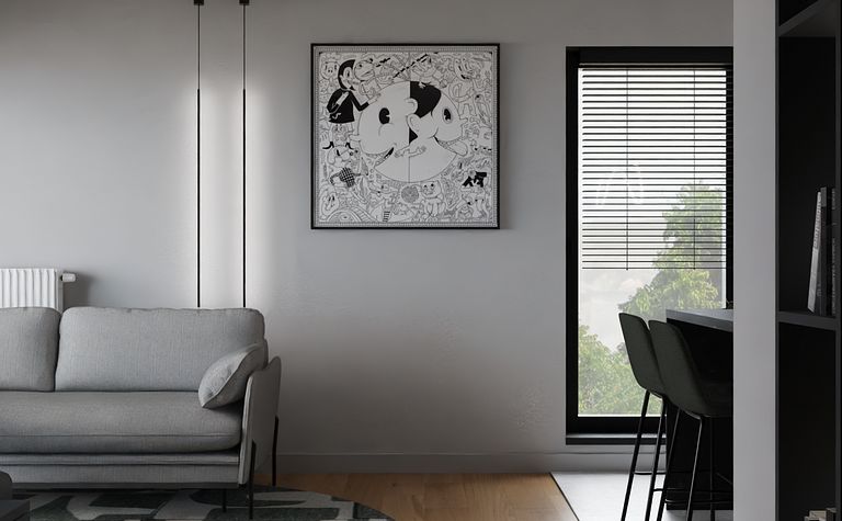 Wnętrze minimalistycznego salonu z szarymi ścianami, szarym sofą i drewnianą podłogą.