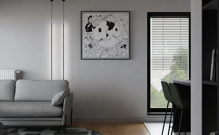 Wnętrze minimalistycznego salonu z szarymi ścianami, szarym sofą i drewnianą podłogą.