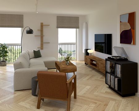 Wnętrze salonu z eklektycznym i skandynawskim stylem, jasne meble i drewniane akcenty.