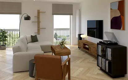 Wnętrze salonu z eklektycznym i skandynawskim stylem, jasne meble i drewniane akcenty.