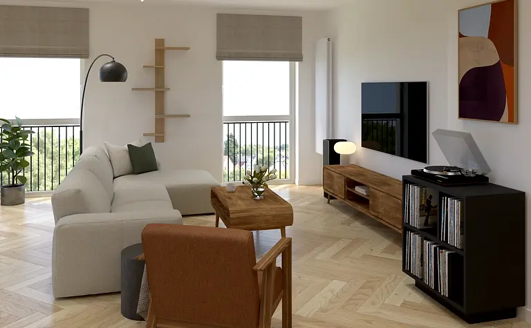 Wnętrze salonu z eklektycznym i skandynawskim stylem, jasne meble i drewniane akcenty.