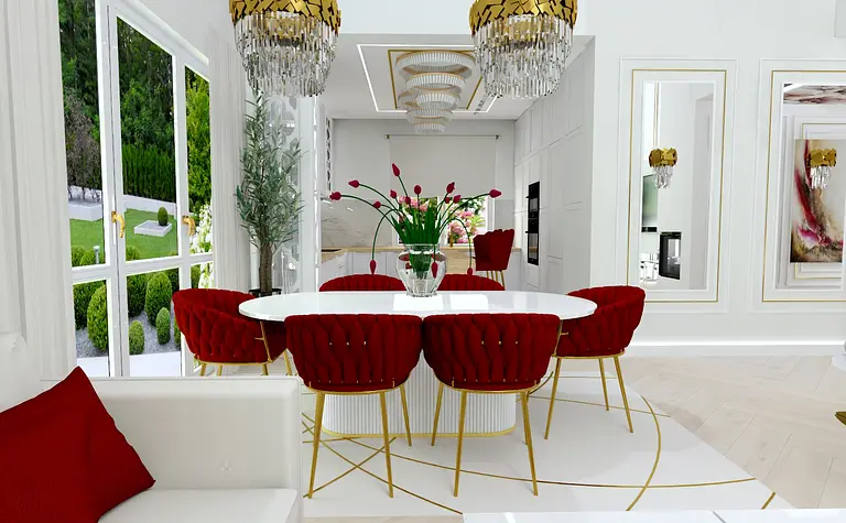 Wnętrze jadalni w stylu glamour z białym stołem i czerwonymi krzesłami.