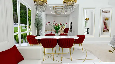 Wnętrze jadalni w stylu glamour z białym stołem i czerwonymi krzesłami.