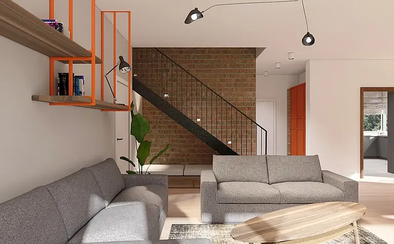 Wnętrze salonu z szarymi meblami w stylu minimalistycznym i skandynawskim.