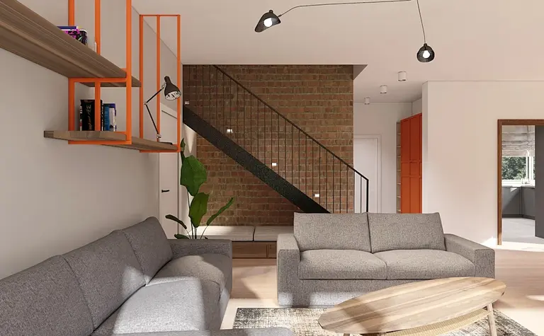 Wnętrze salonu z szarymi meblami w stylu minimalistycznym i skandynawskim.