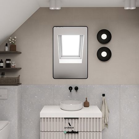 Nowoczesna łazienka z minimalistycznym designem, szarymi ścianami i białą umywalką.