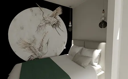 Sypialnia z szarymi ścianami, zieloną pościelą i nowoczesnymi lampami.