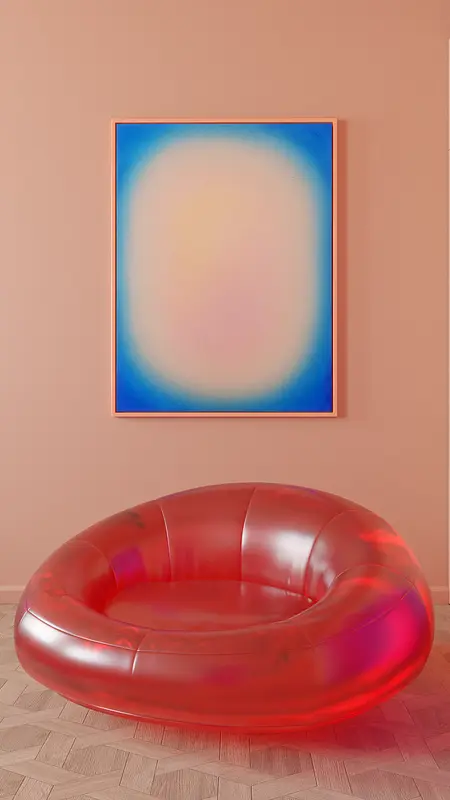 Wnętrze z różowym fotelem i niebieskim obrazem w stylu dopamine decor.